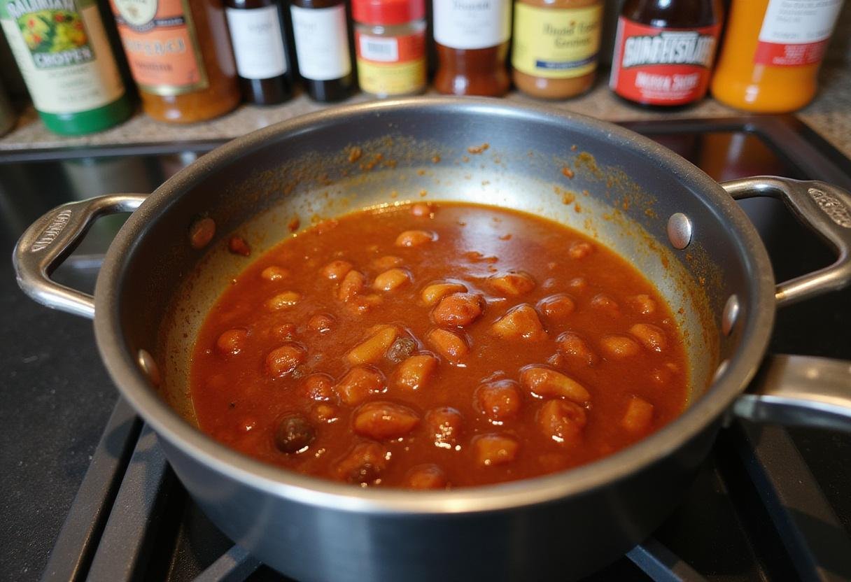 Cooking the sweet and tangy sauce for Sweet Grape Jelly Meatballs, combining grape jelly with BBQ sauce for perfect flavor.