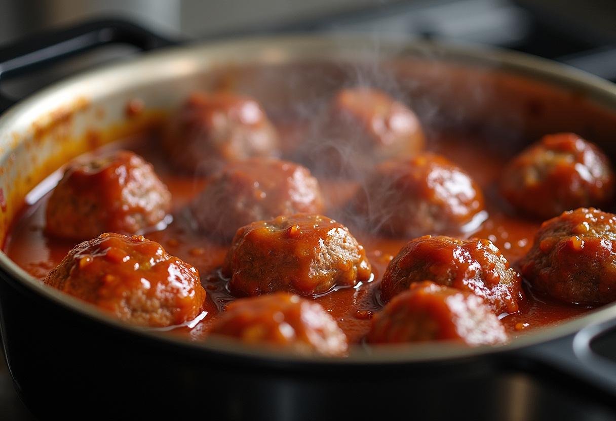 Meatballs coated in a flavorful grape jelly and BBQ sauce mixture, simmering perfectly for Sweet Grape Jelly Meatballs.