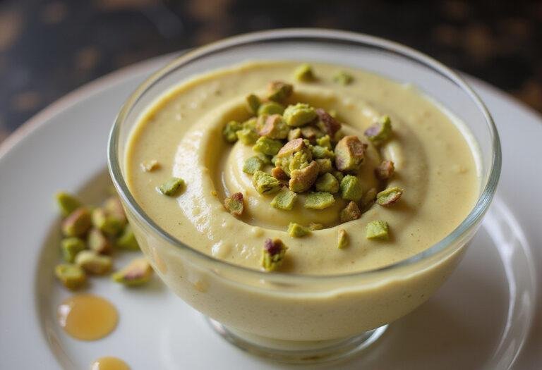 Final presentation of sweet pistachio cream indulgence, showcasing vincente pistachio cream delicately garnished for an elegant dessert.