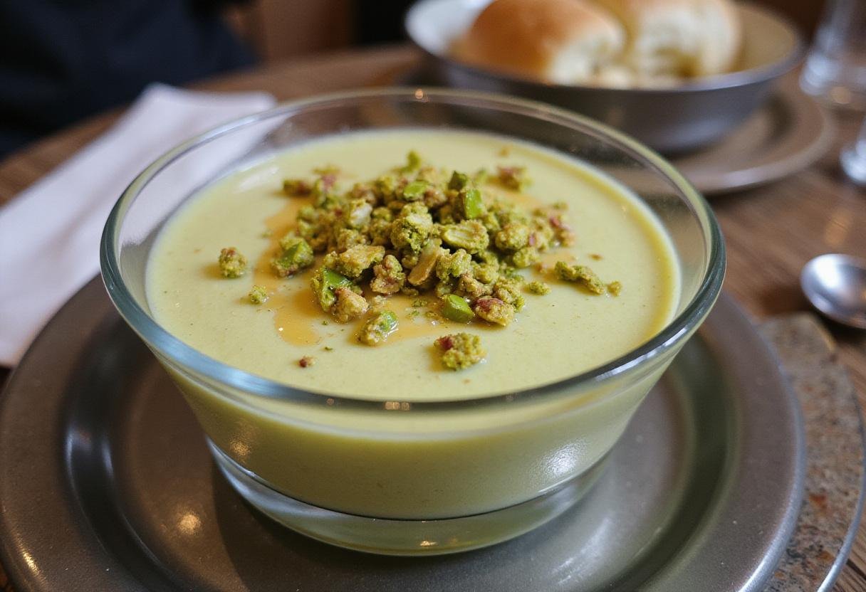 Final presentation of sweet pistachio cream indulgence, showcasing vincente pistachio cream delicately garnished for an elegant dessert.