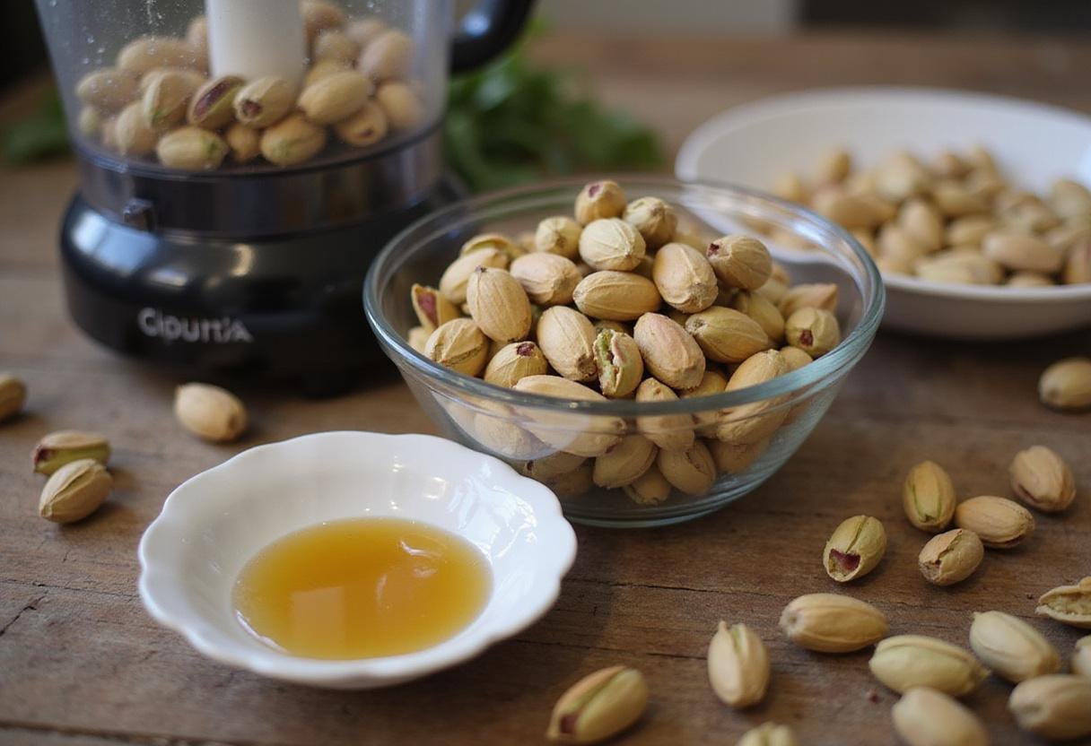 Making vincente pistachio cream with fresh shelled pistachios and honey for a sweet delight.