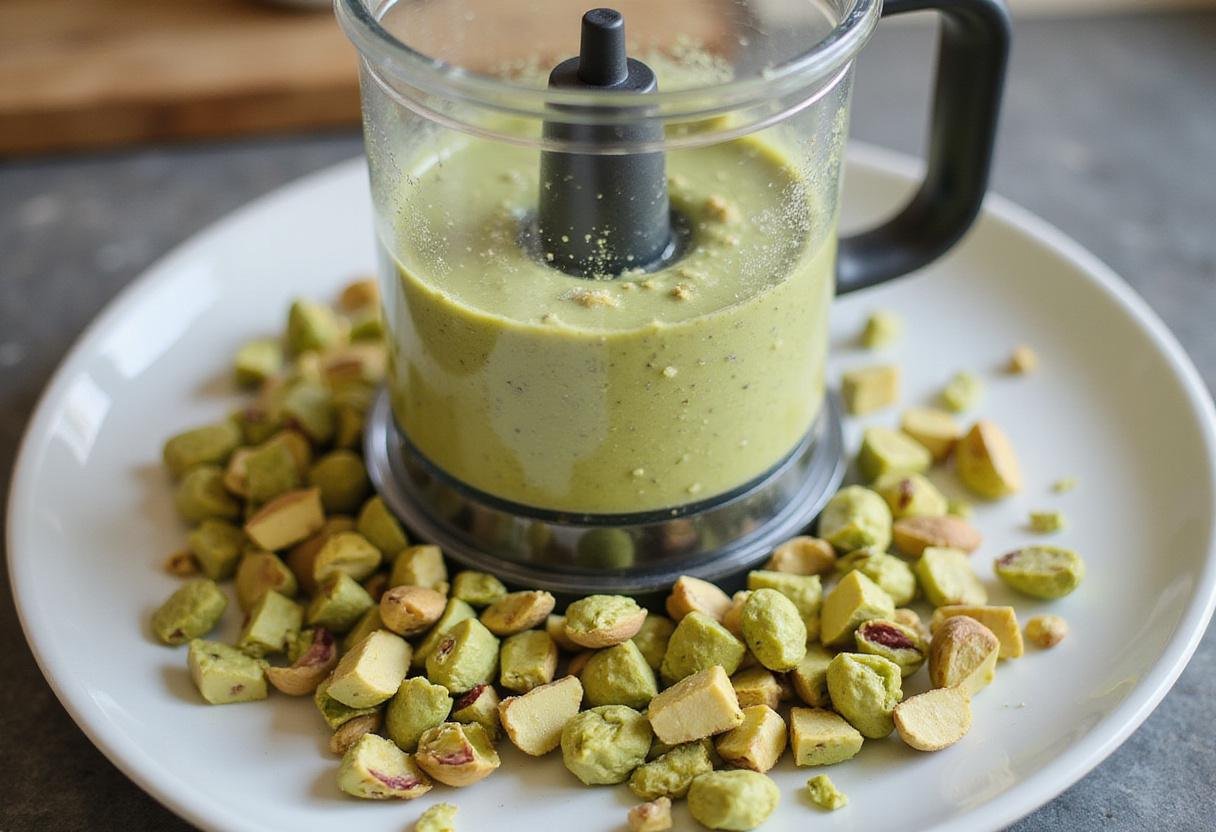 Blending pistachios for creamy vincente pistachio cream, highlighting the smooth consistency of the mixture.