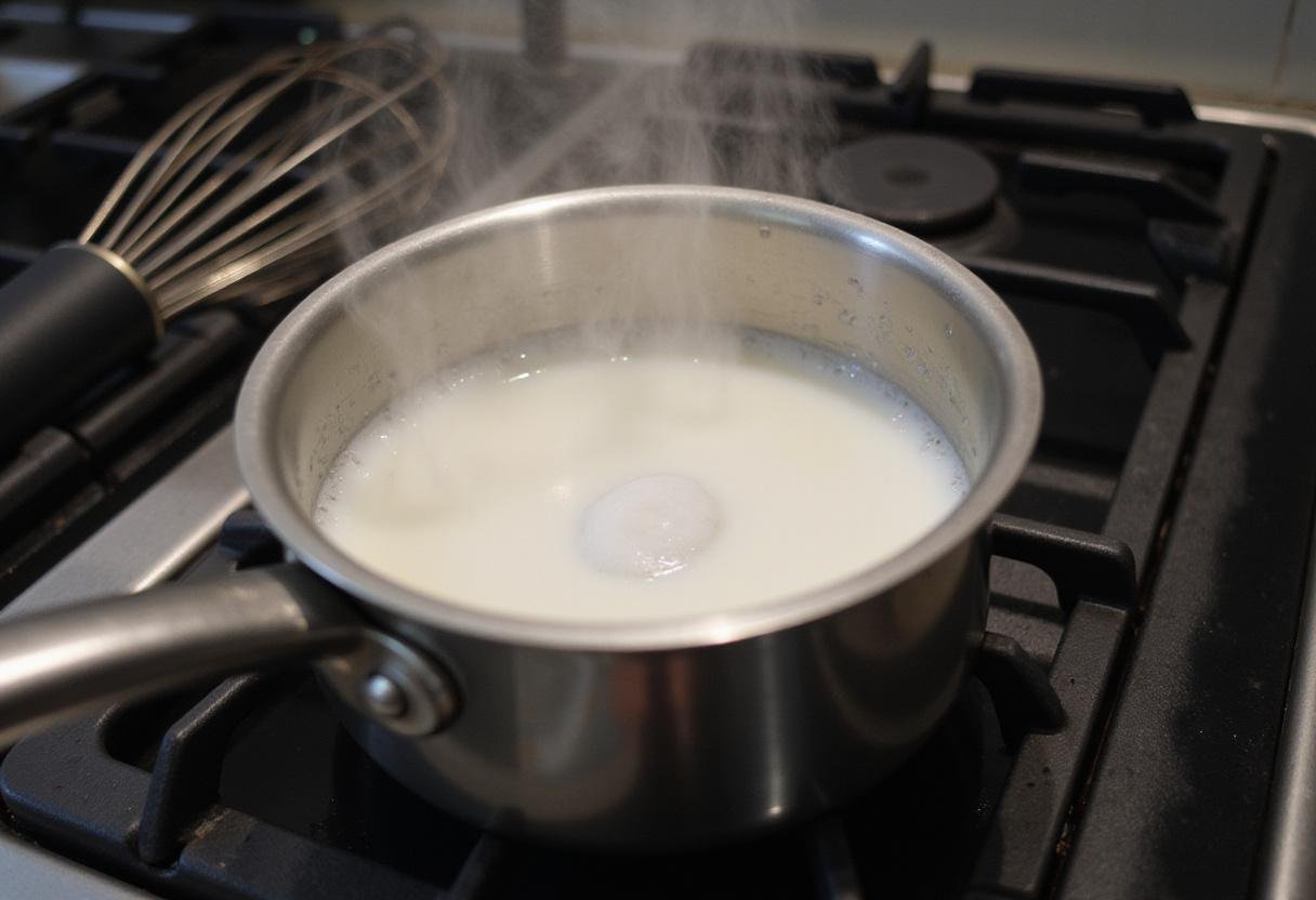 Heating milk and sugar to create a rich base for vincente pistachio cream, setting the stage for a delicious dessert.