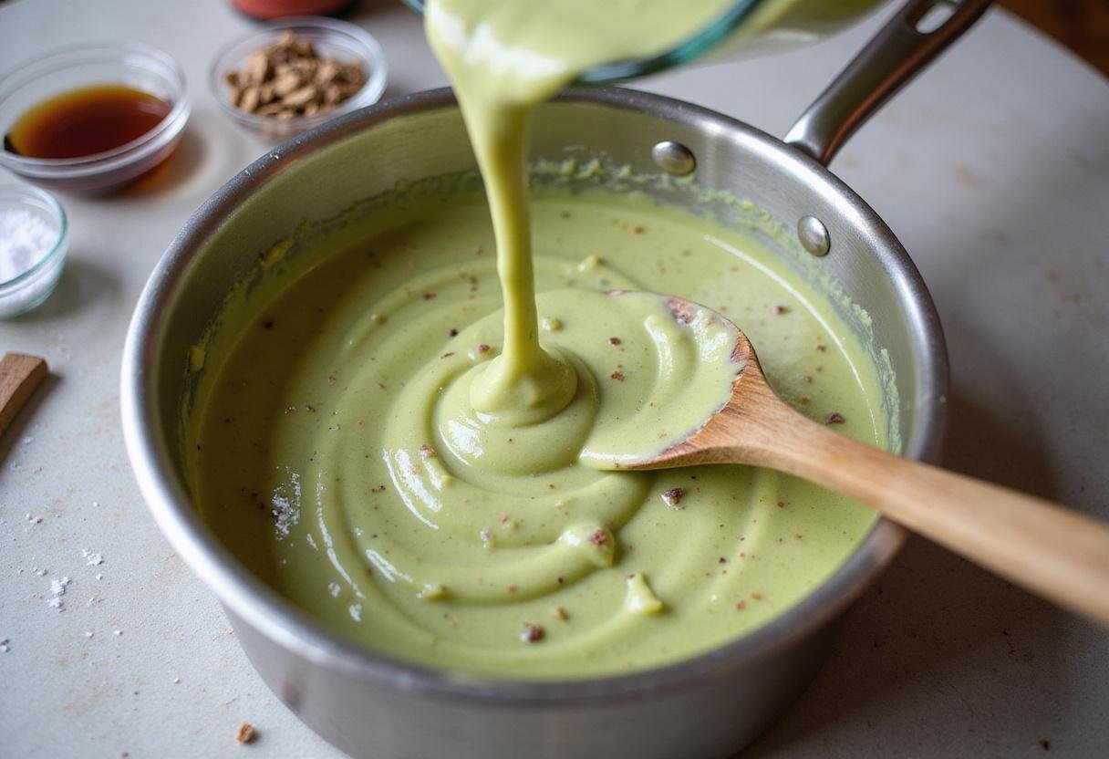 Combining pistachio blend with milk to create rich vincente pistachio cream, preparing for the final indulgence.