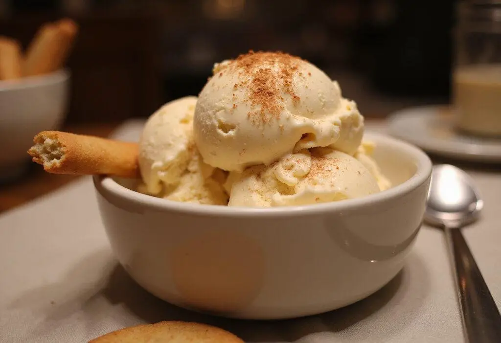 A delicious bowl of snickerdoodle ice cream, beautifully presented with cinnamon sprinkled on top and crunchy snickerdoodle cookies, perfect for dessert lovers.