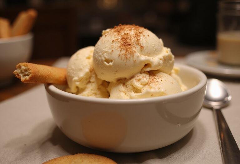 A delicious bowl of snickerdoodle ice cream, beautifully presented with cinnamon sprinkled on top and crunchy snickerdoodle cookies, perfect for dessert lovers.