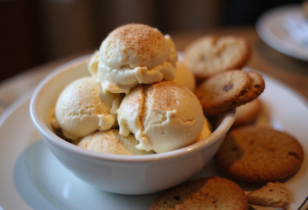 A delicious bowl of snickerdoodle ice cream, beautifully presented with cinnamon sprinkled on top and crunchy snickerdoodle cookies, perfect for dessert lovers.