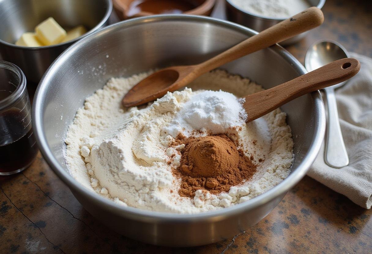 Ingredients for snickerdoodle ice cream, including flour, sugar, cinnamon, and baking powder, on a beautiful kitchen countertop.