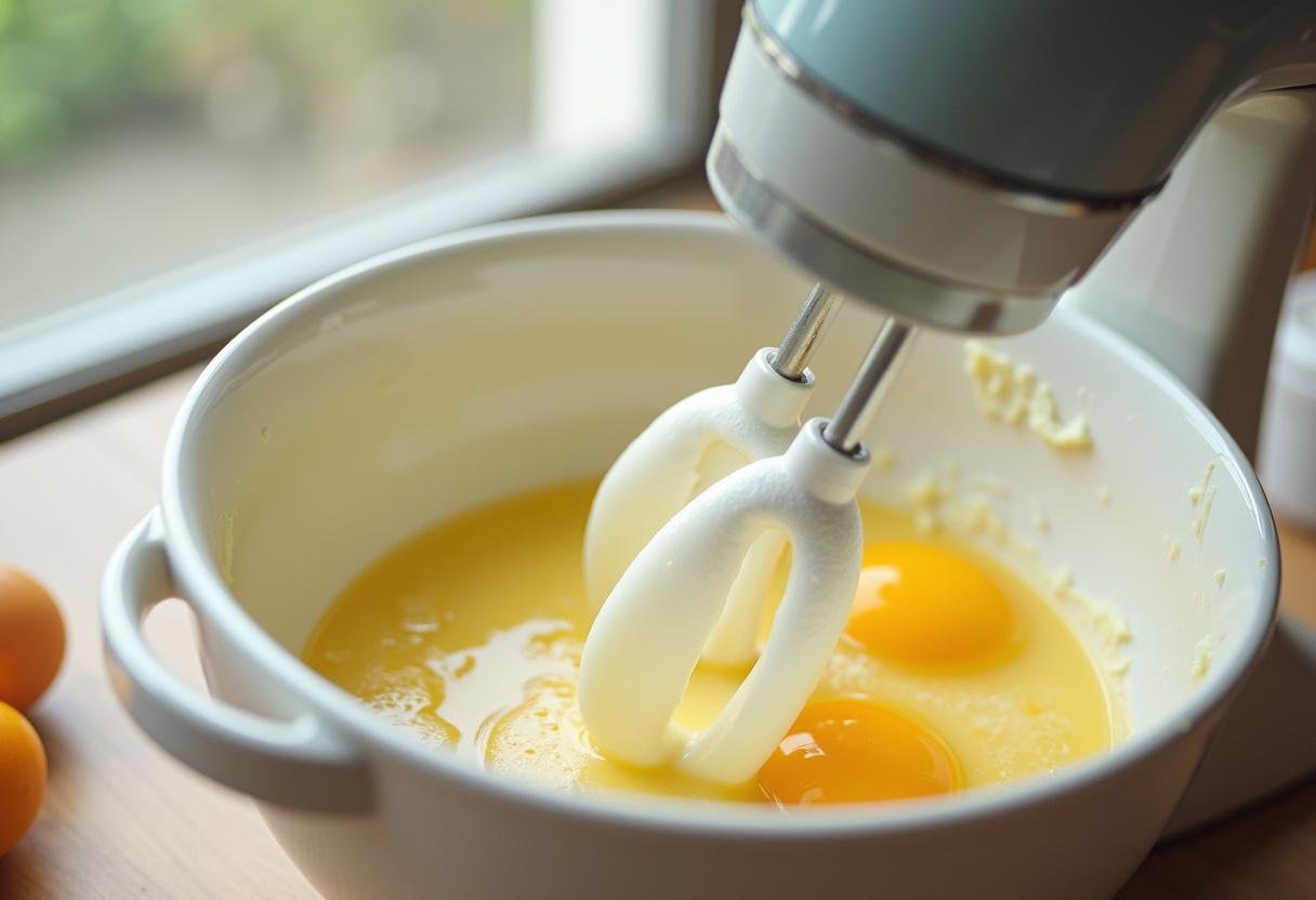 Mixing the creamy butter and sugar for snickerdoodle ice cream in a bright kitchen filled with natural light.