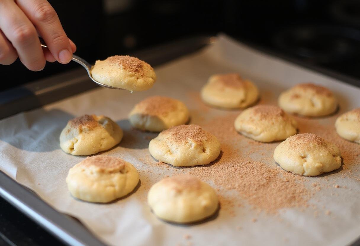 Spoonfuls of snickerdoodle dough placed on a baking sheet ready to be baked, showcasing the delightful texture of the dough.