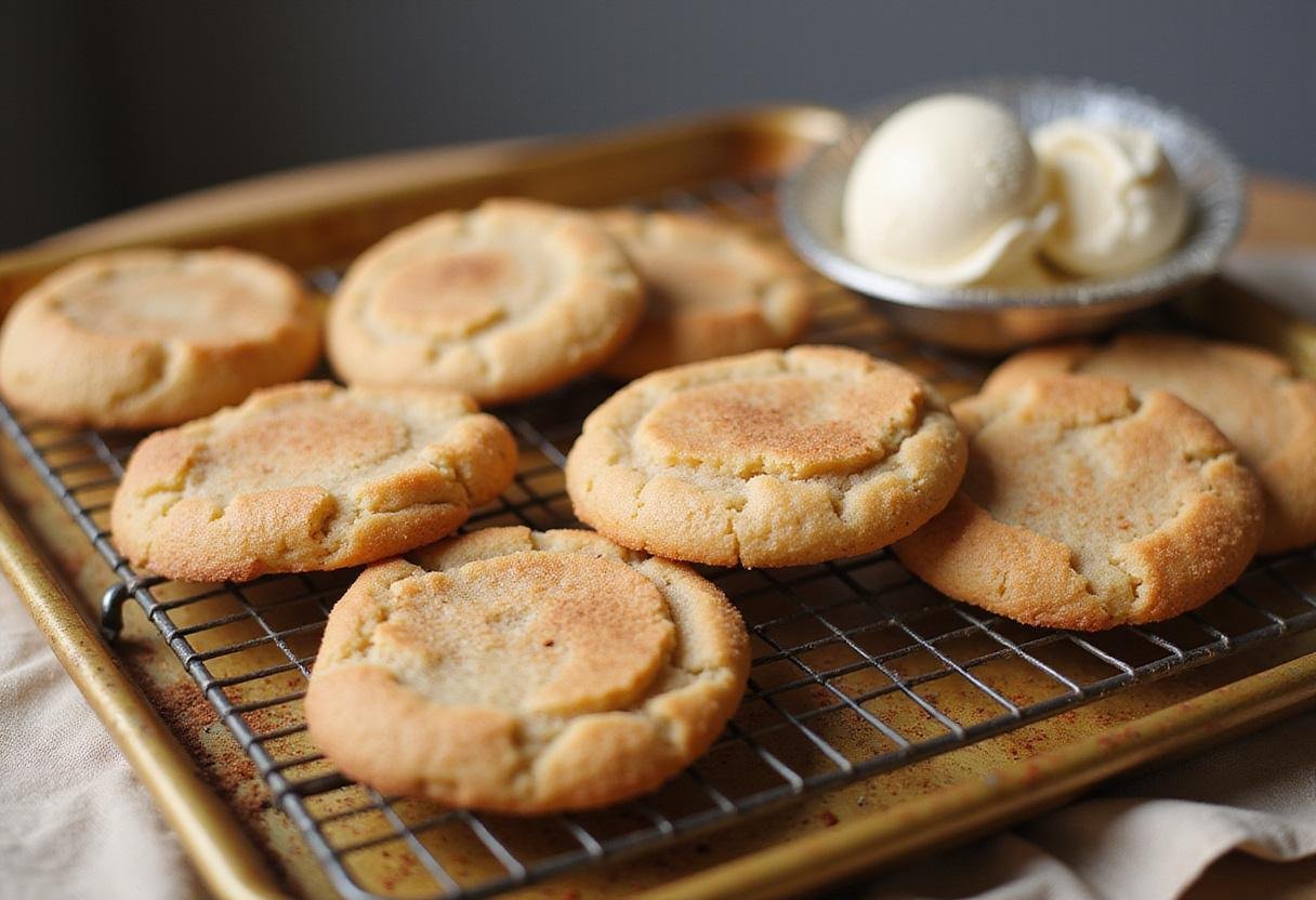 Freshly baked snickerdoodles cooling next to a scoop of snickerdoodle ice cream, highlighting the delicious dessert preparation process.