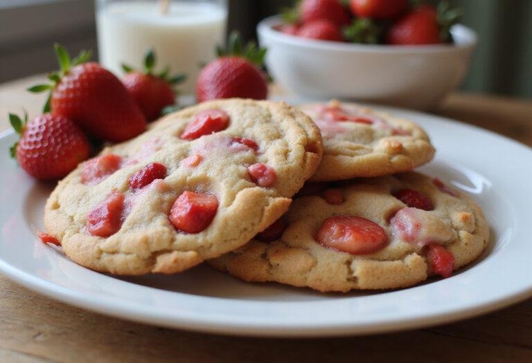Delicious sweet strawberry crunch cookies on a plate, showcasing the delightful treat in a homey kitchen setting.