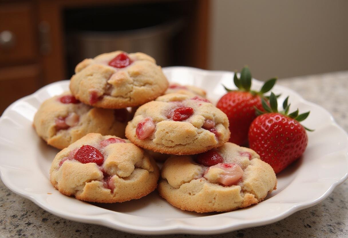 Delicious sweet strawberry crunch cookies on a plate, showcasing the delightful treat in a homey kitchen setting.
