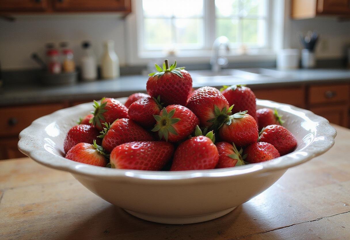 Fresh strawberries being prepared for sweet strawberry crunch cookies, showcasing the luscious ingredients for baking.