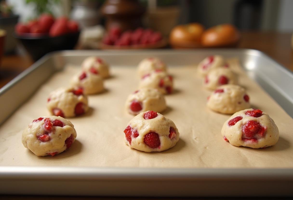 Dollops of strawberry cookie dough ready for baking, capturing the creative process of making strawberry crunch cookies.