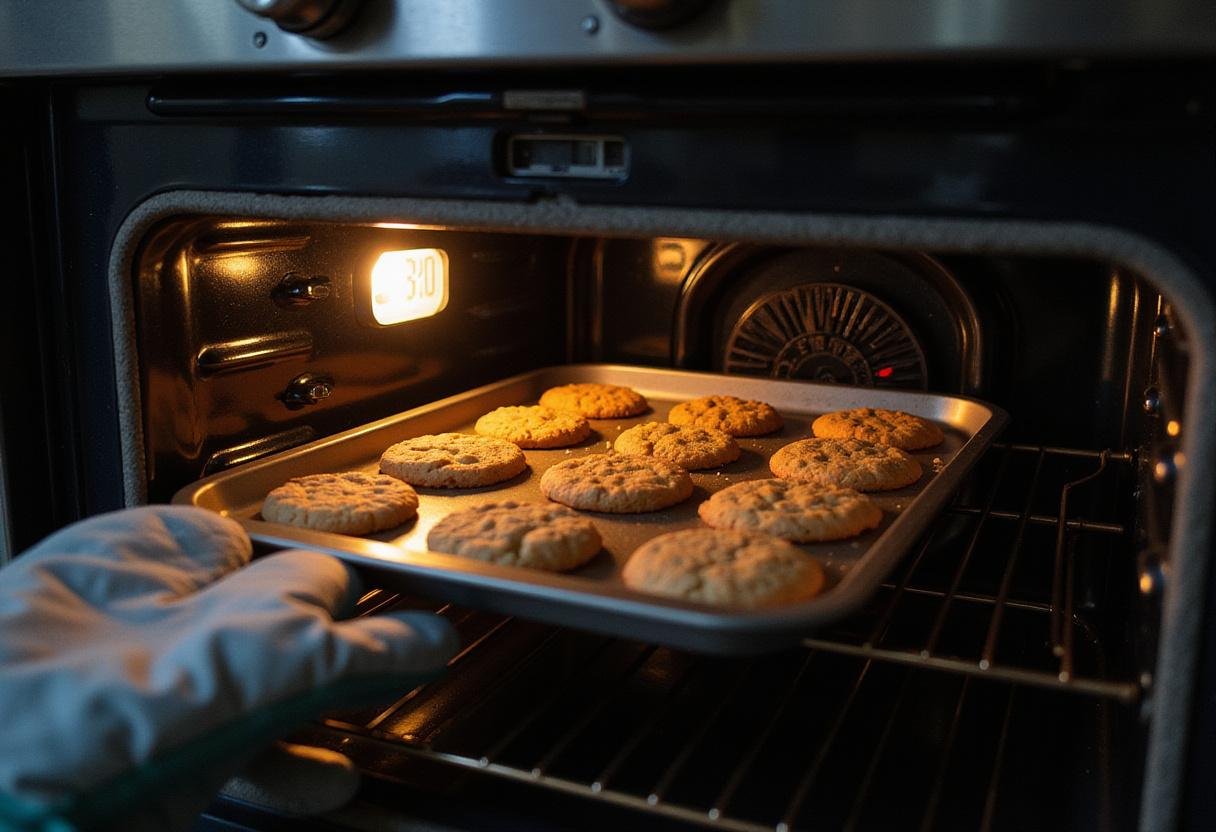 Baking strawberry crunch cookies in the oven, transforming the dough into delicious treats that are a feast for the eyes.