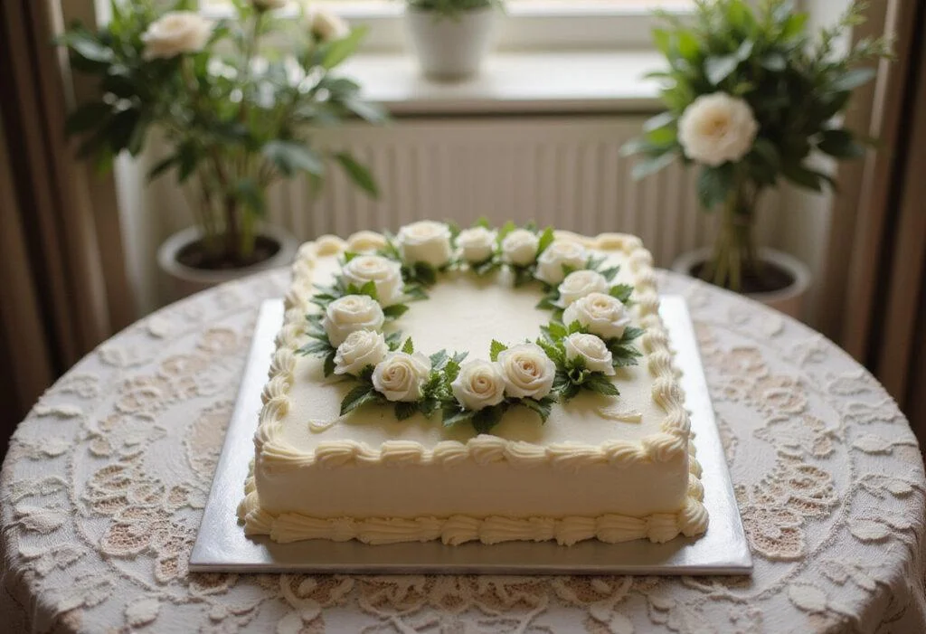 Sympathy Serenity Funeral Cake elegantly presented with floral decorations, perfect for commemorating loved ones.