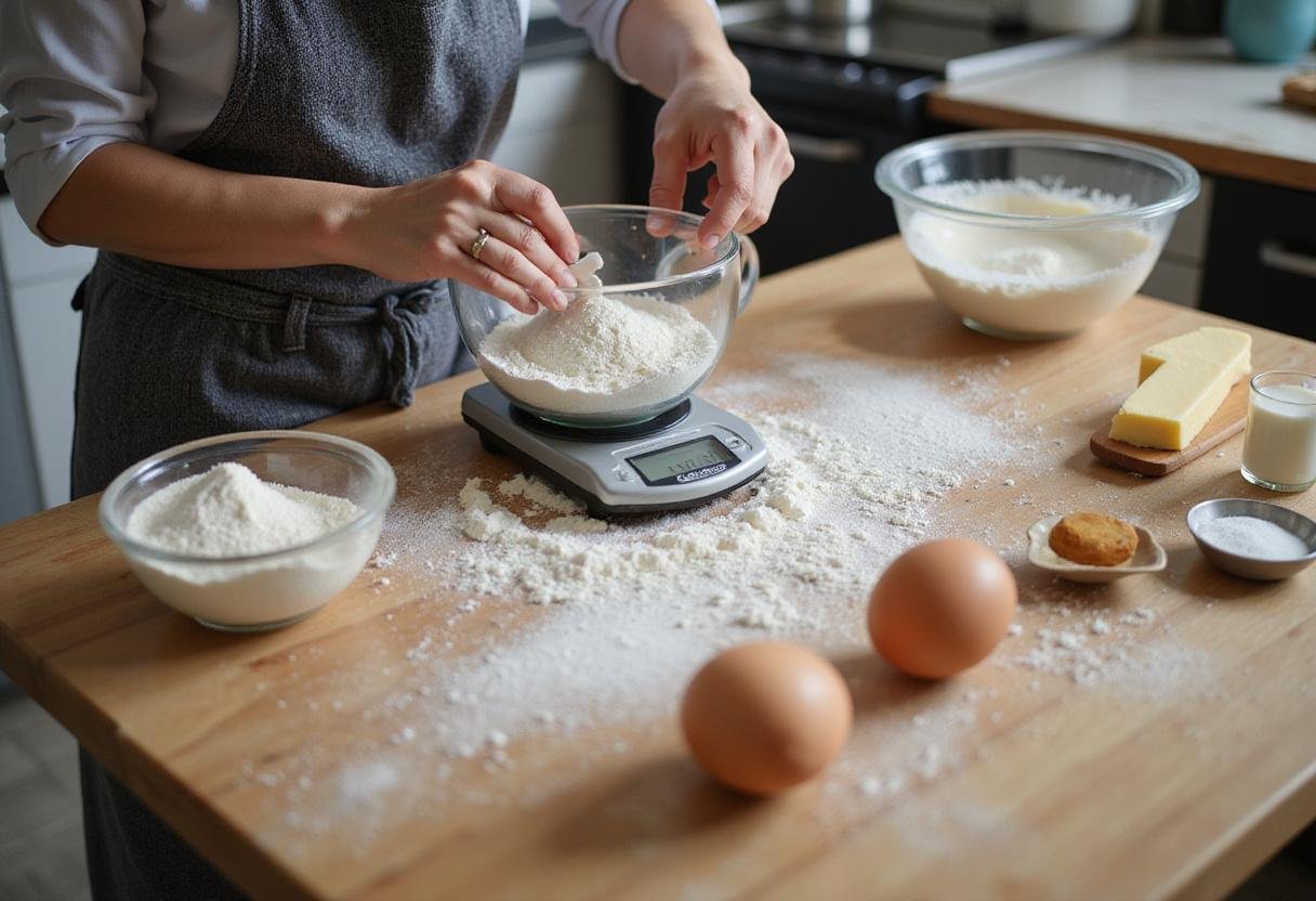 Measuring flour for Sympathy Serenity Funeral Cake, essential ingredient setup and preparation for baking.