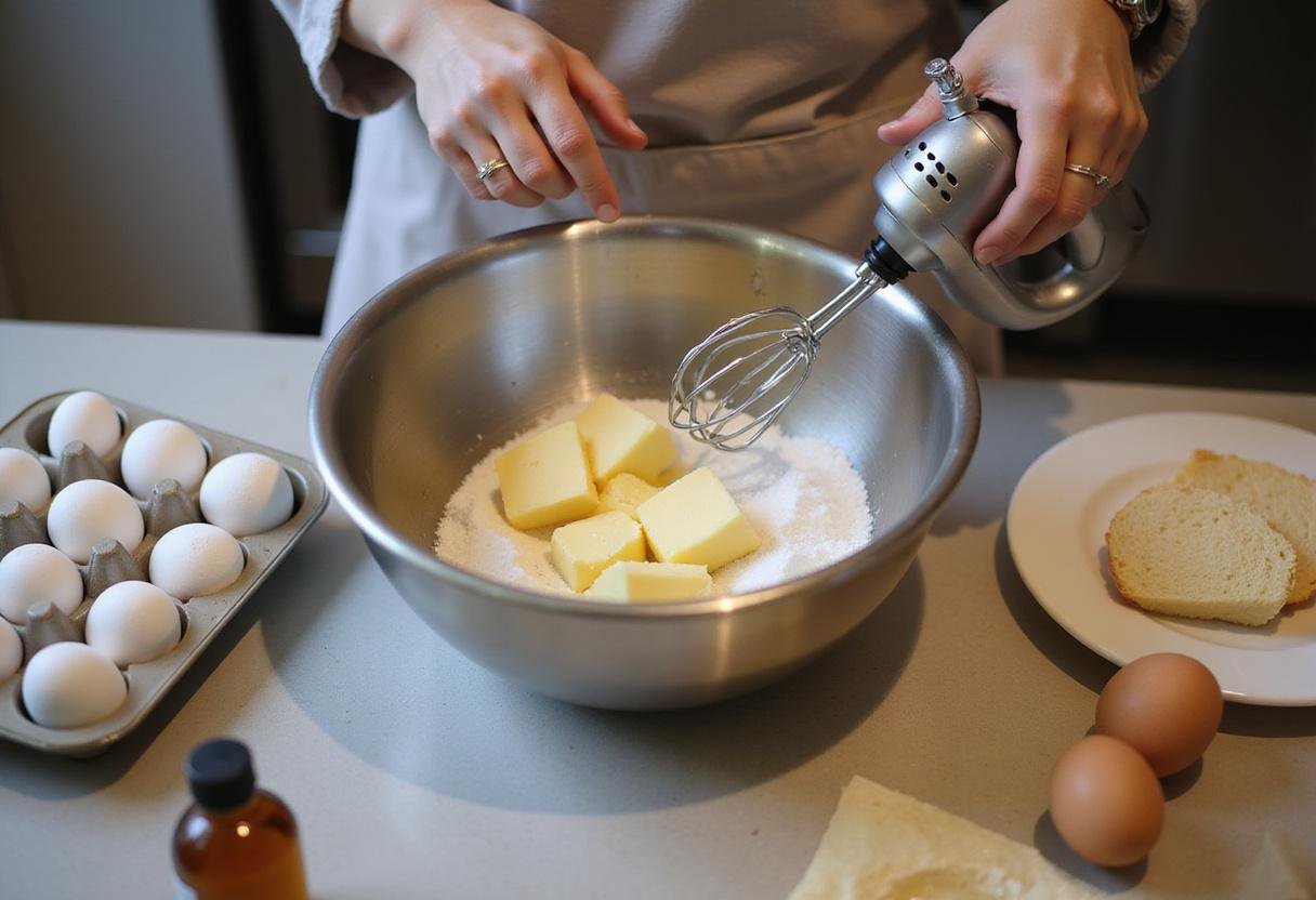 Mixing butter and sugar for the delicious Sympathy Serenity Funeral Cake, ensuring a smooth and creamy batter.