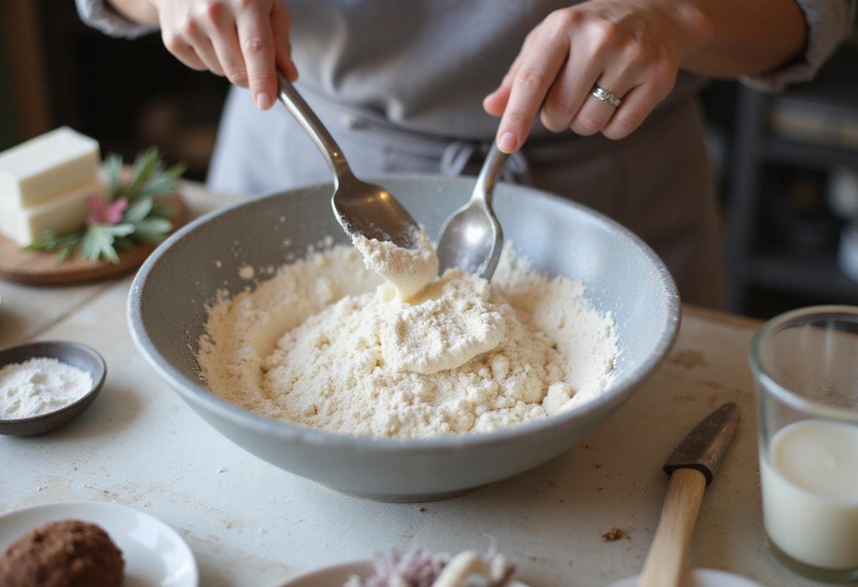 Incorporating flour and milk for Sympathy Serenity Funeral Cake, finalizing the batter for a rich and moist cake.