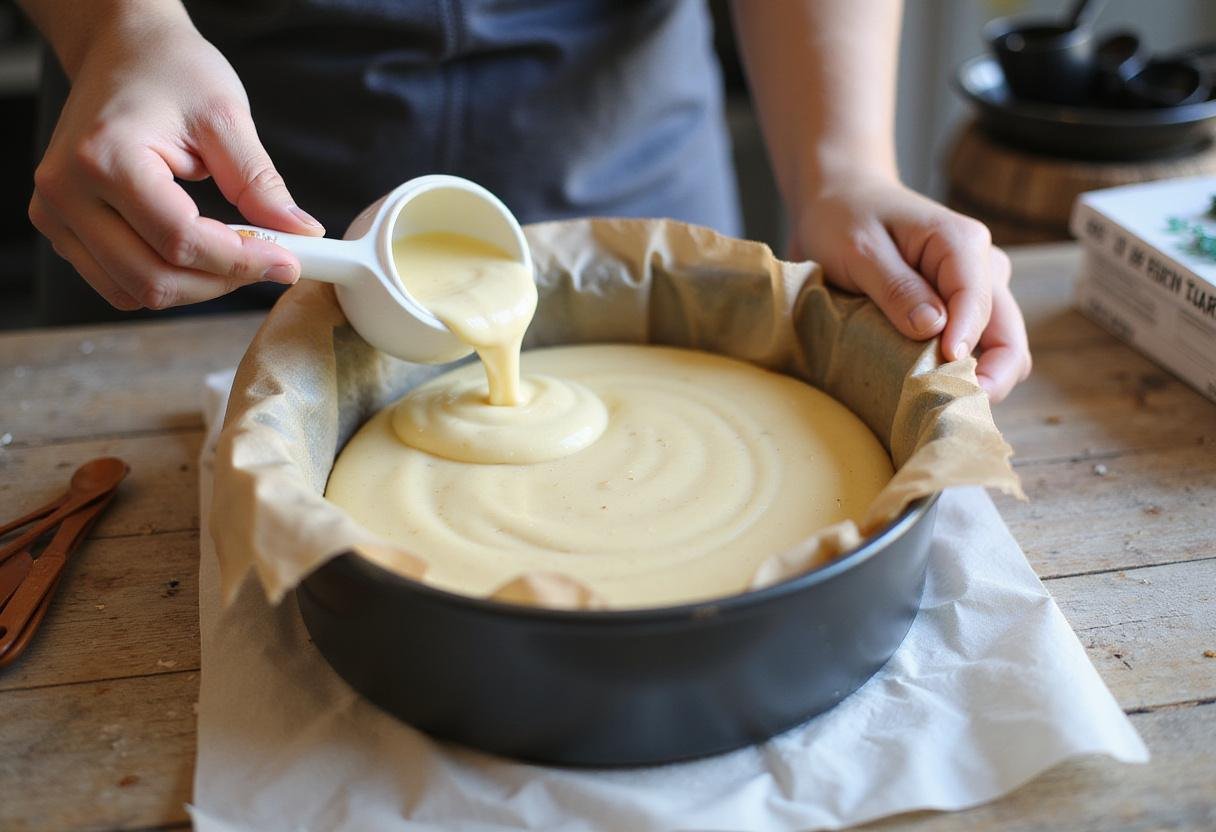 Pouring batter into a cake pan for Sympathy Serenity Funeral Cake, preparing to bake a heartfelt and beautiful dessert.
