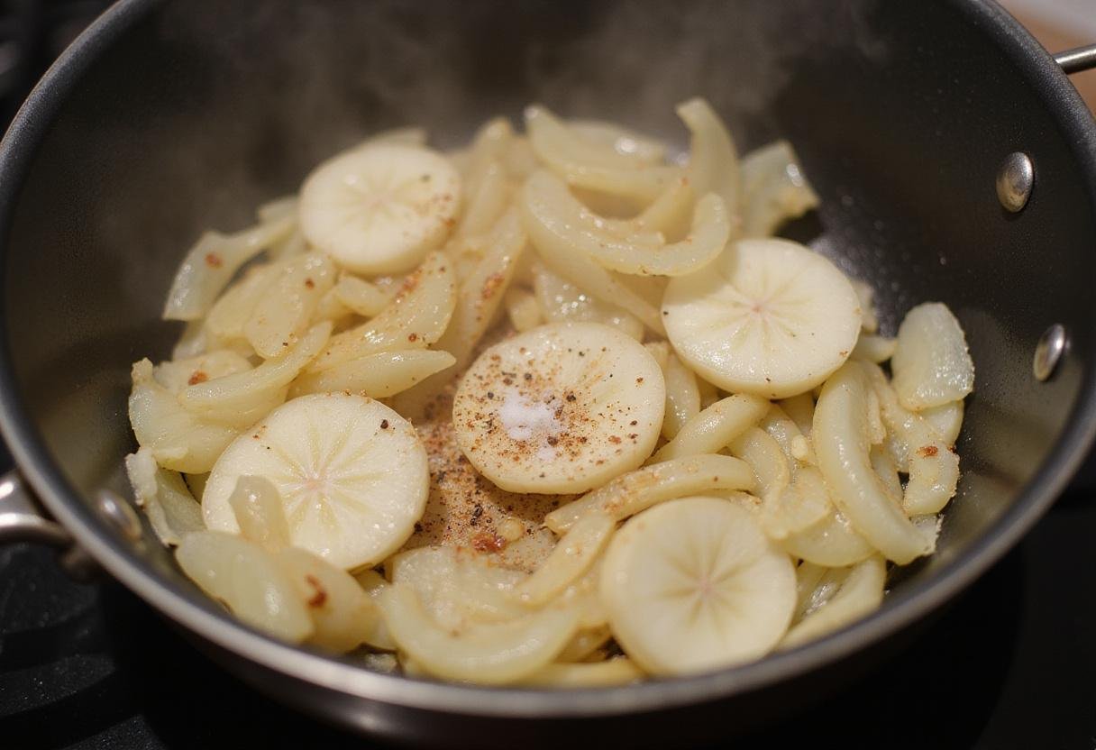 Sautéed onions for Tangy Pringles Onion Stack, adding flavor to sour cream and onion snacking experience.