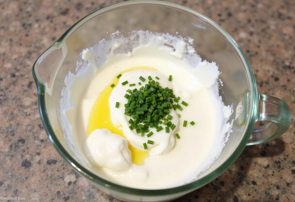 Preparing tangy dip for Pringles with sour cream and fresh chives in a mixing bowl, perfect for snacking.