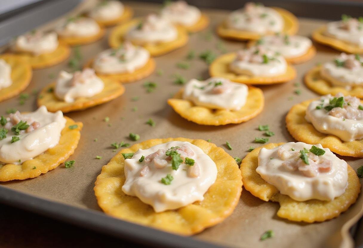 Arranging Pringles on a baking sheet to create a delicious Tangy Pringles Onion Stack with flavorful toppings.