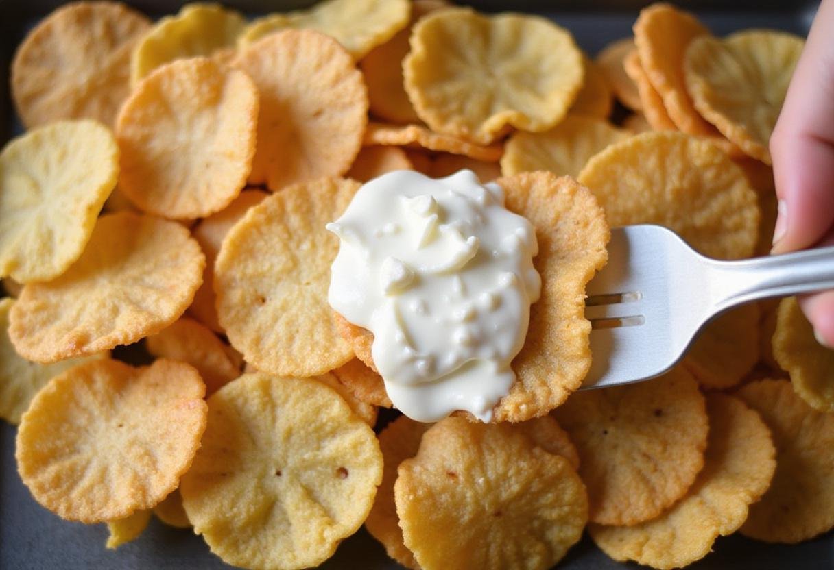 Adding delicious sour cream and onion topping to Pringles for a Tangy Onion Stack, enhancing the snack's flavor.