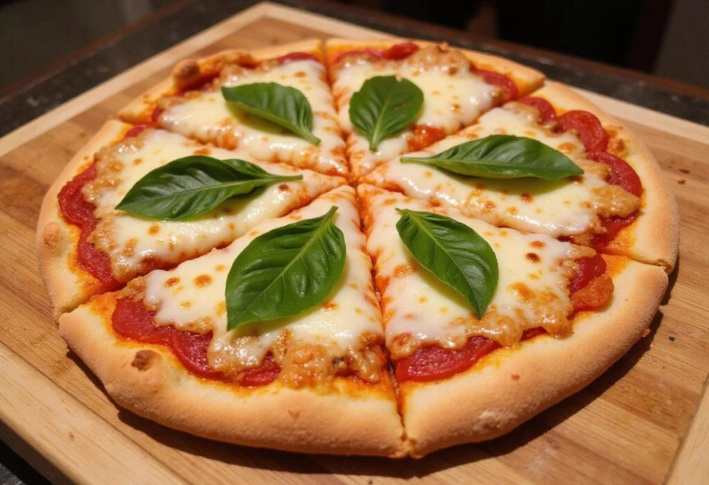 Deliciously baked Taylor Street's Finest Pizza on a wooden board, garnished and ready to be served, showcasing its perfect crust and toppings.
