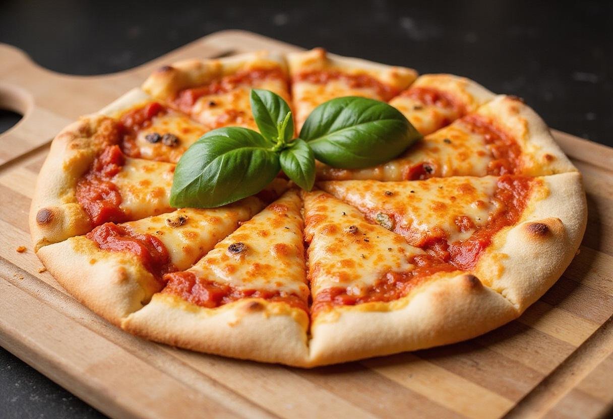 Deliciously baked Taylor Street's Finest Pizza on a wooden board, garnished and ready to be served, showcasing its perfect crust and toppings.