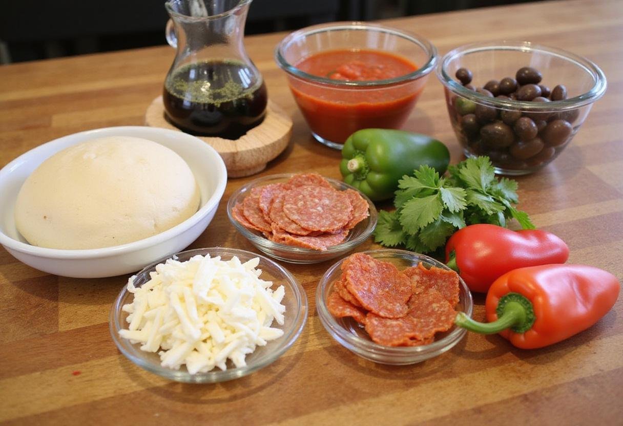 Fresh ingredients for Taylor Street's Finest Pizza on a wooden table, including pizza dough, tomato sauce, cheese, and toppings.