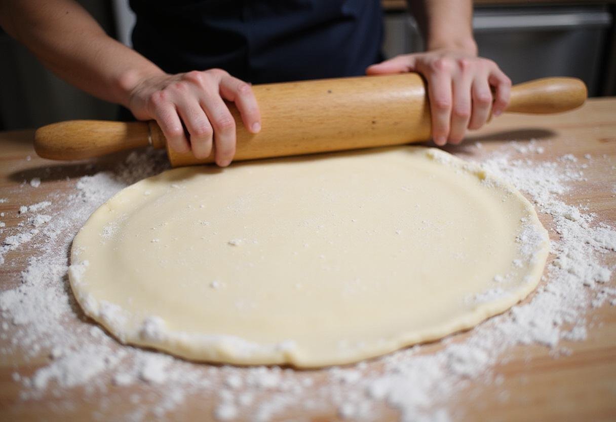 Person rolling out pizza dough on a floured surface for Taylor Street's Finest Pizza, creating a perfect pizza base.
