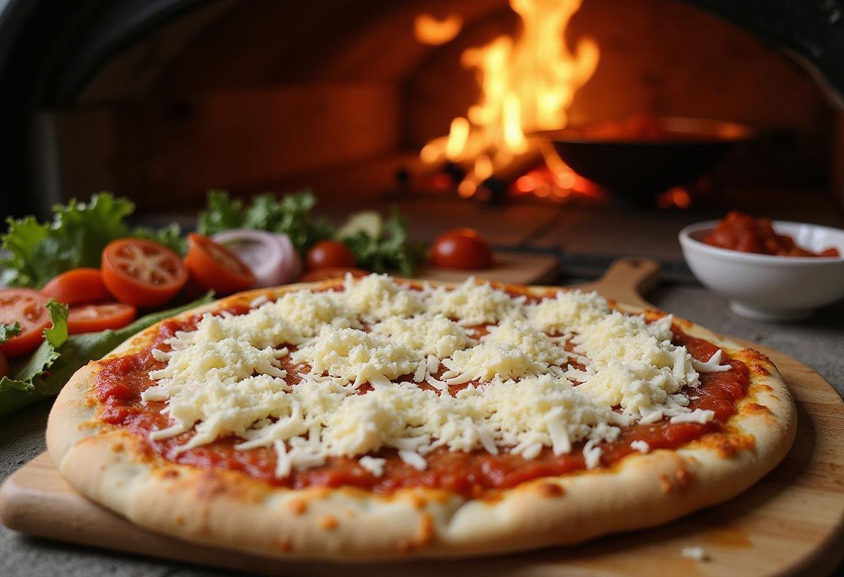 Pizza topped with tomato sauce and cheese on a wooden peel, ready to bake for Taylor Street's Finest Pizza.