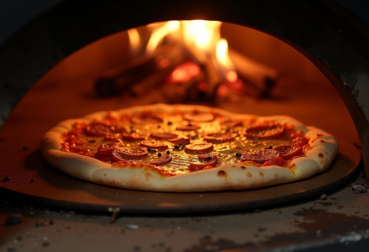 Placing Taylor Street's Finest Pizza into a hot oven, showcasing the baking process for a delicious homemade pizza.