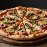 Enjoying a delicious slice of Tivoli pizza, featuring melted cheese and fresh toppings, perfect for a delightful meal.
