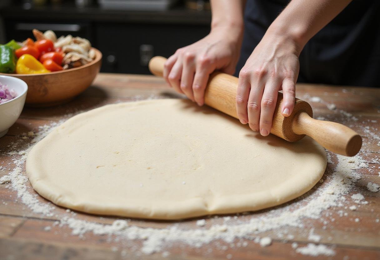 Preparing Tivoli pizza dough with fresh vegetables for delightful Italian flavor.
