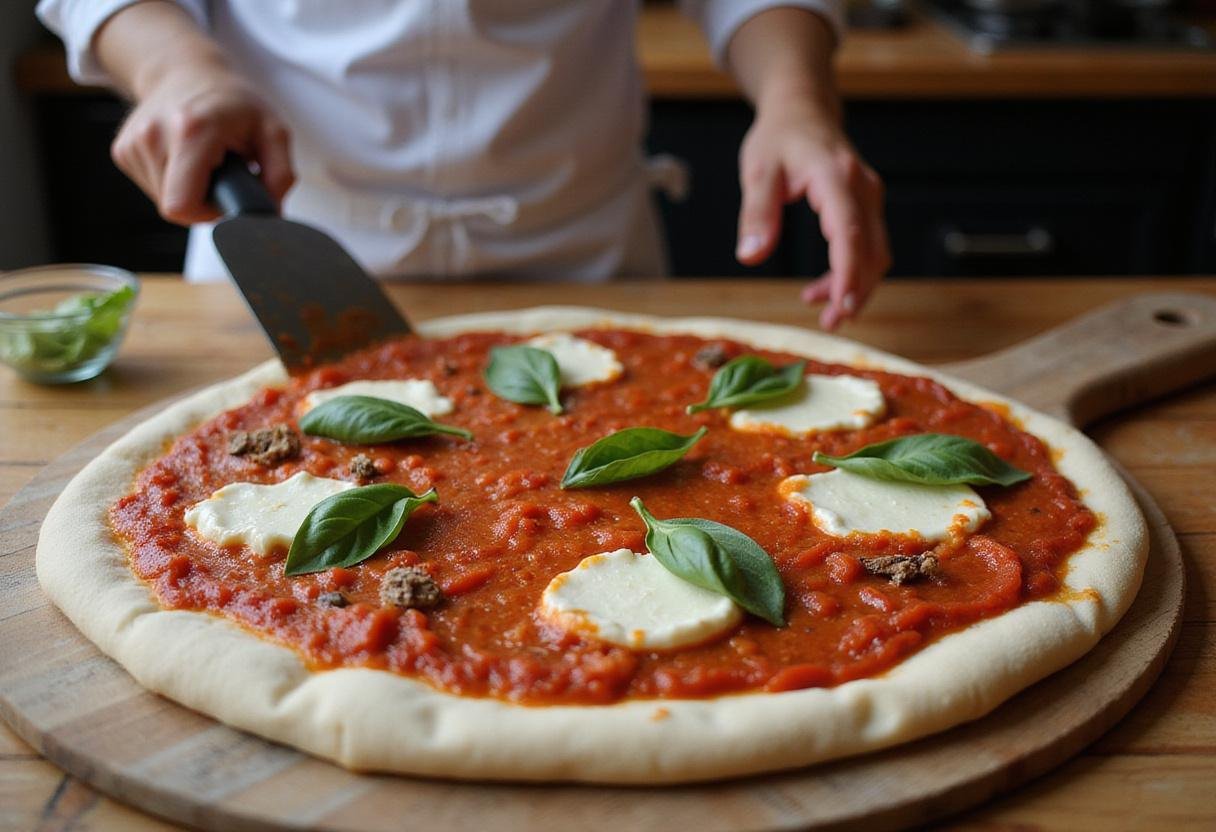 Adding tomato sauce and fresh mozzarella to create a tasty base for Tivoli pizza.