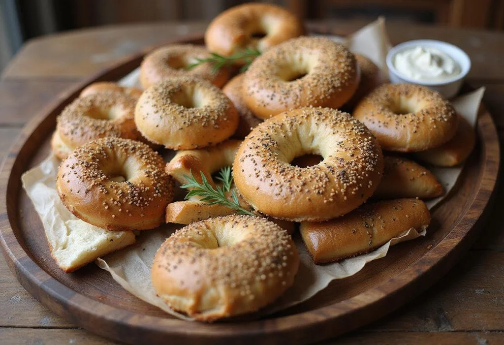 A tempting spread of toasted sesame bagels accompanied by cream cheese, perfect for breakfast or brunch, highlighting the delicious flavors of sesame bagels.
