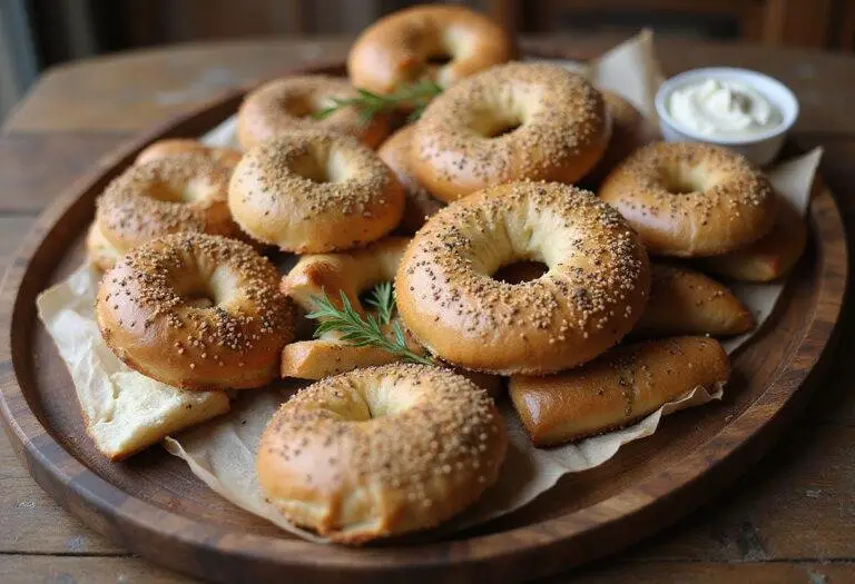 A tempting spread of toasted sesame bagels accompanied by cream cheese, perfect for breakfast or brunch, highlighting the delicious flavors of sesame bagels.