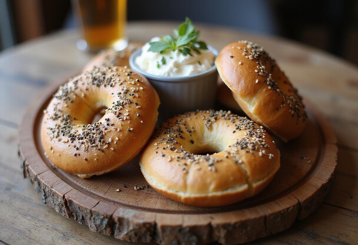 A tempting spread of toasted sesame bagels accompanied by cream cheese, perfect for breakfast or brunch, highlighting the delicious flavors of sesame bagels.