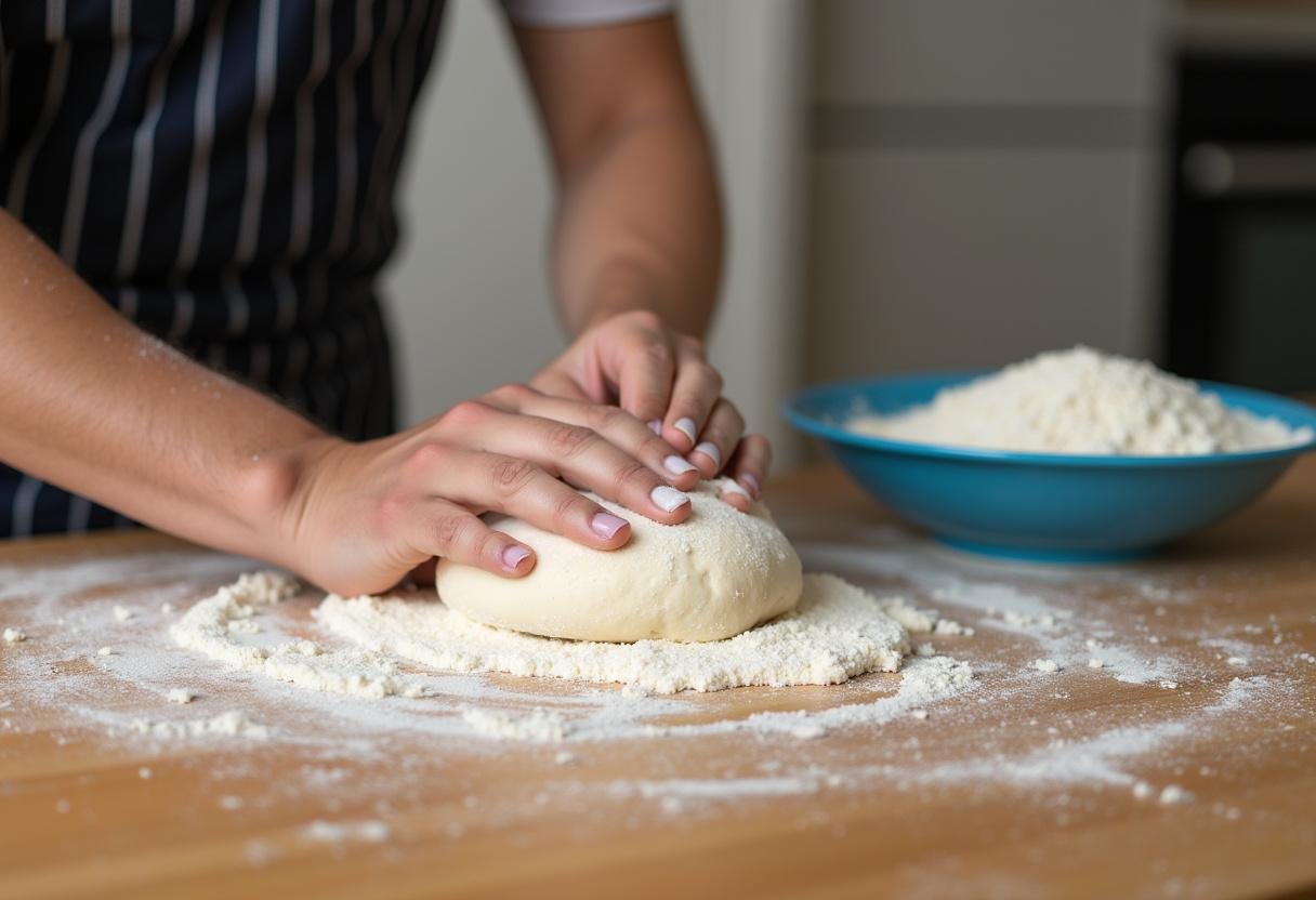 Making sesame bagels from scratch with dough preparation on a wooden countertop, highlighting key ingredients like flour and sesame seeds.
