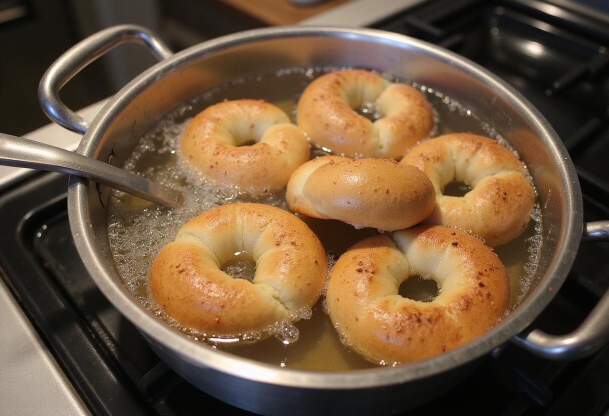 Boiling bagels in water to achieve that perfect chewy texture, showcasing the crucial step in sesame bagel preparation.