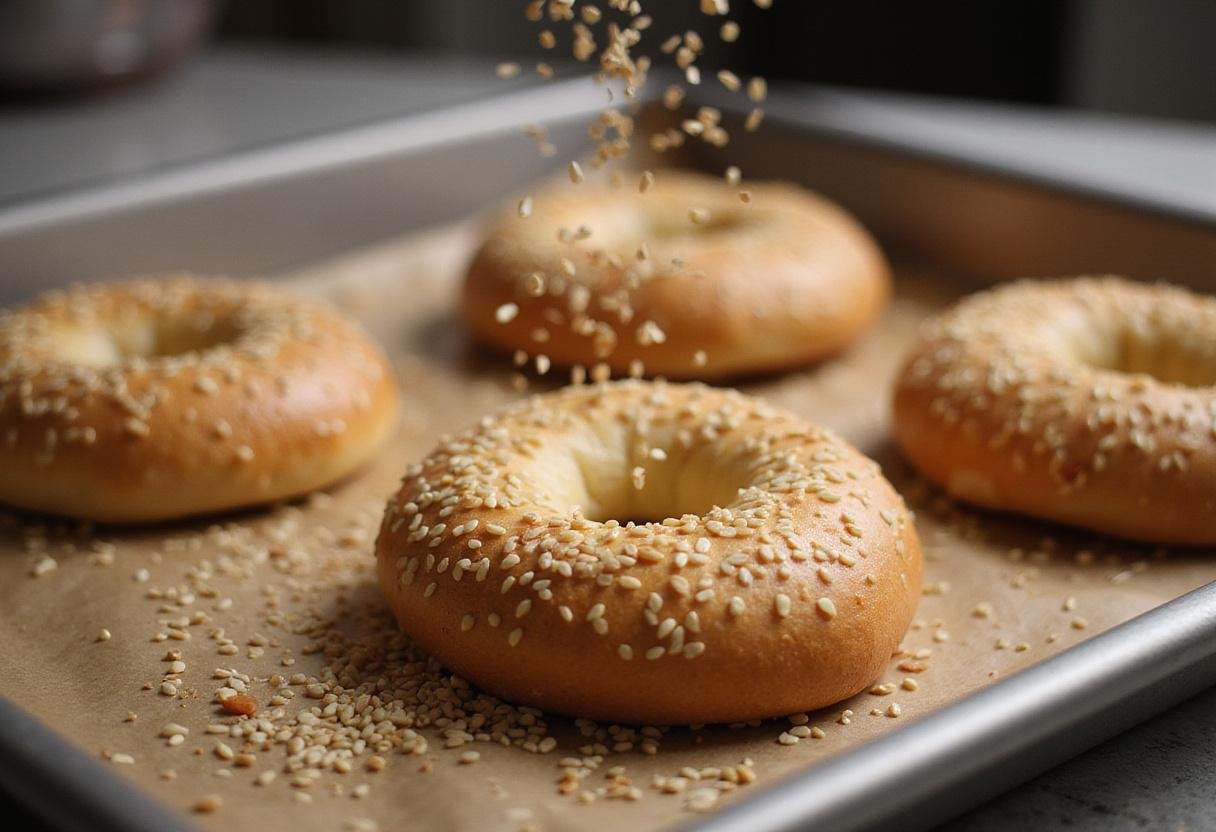Coating bagels with sesame seeds before baking, capturing the essence of toasted sesame bagel preparation.