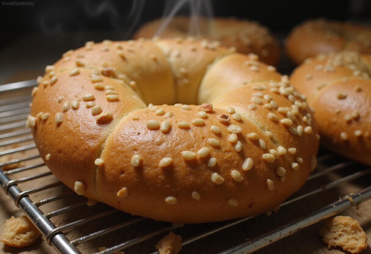 Cooling freshly baked sesame bagels on a wire rack, illustrating the delicious outcome of the sesame bagel recipe.