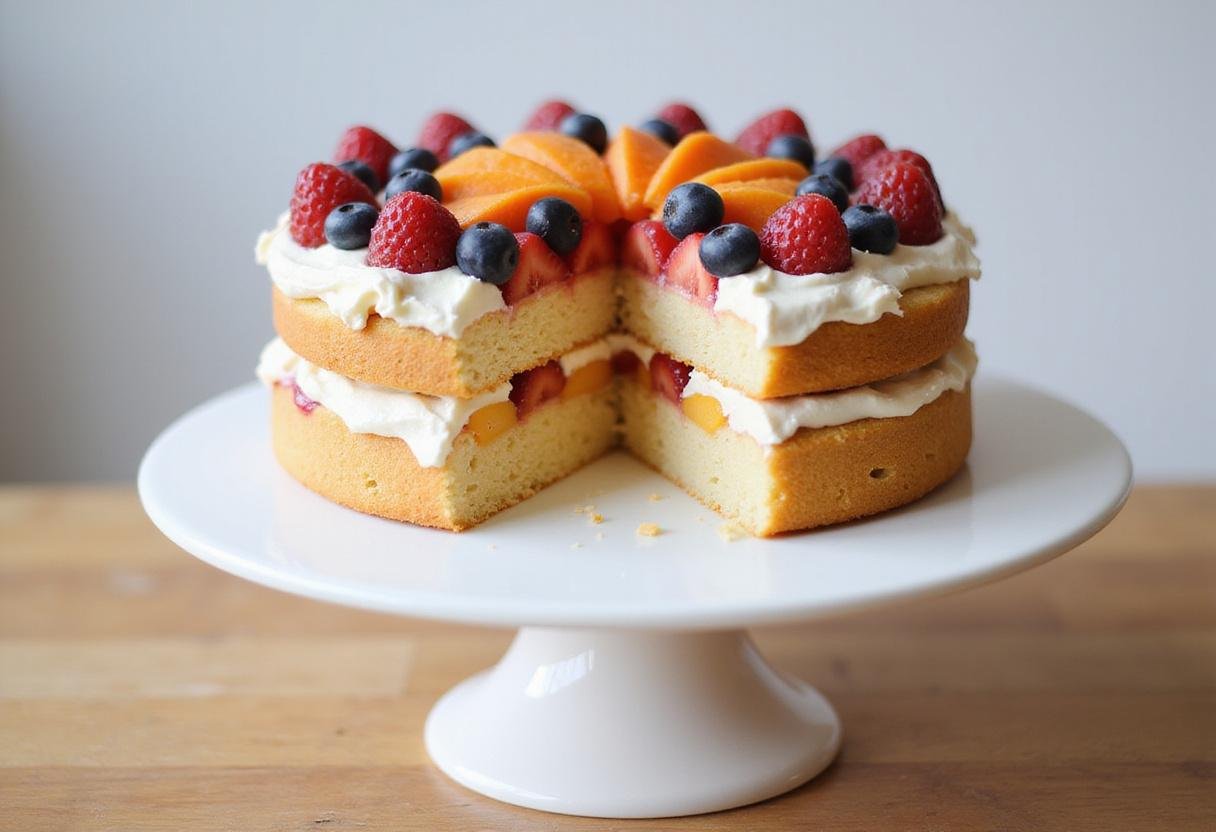 Beautifully presented traditional homemade German cake adorned with cream and fresh fruits, perfect for celebrations.