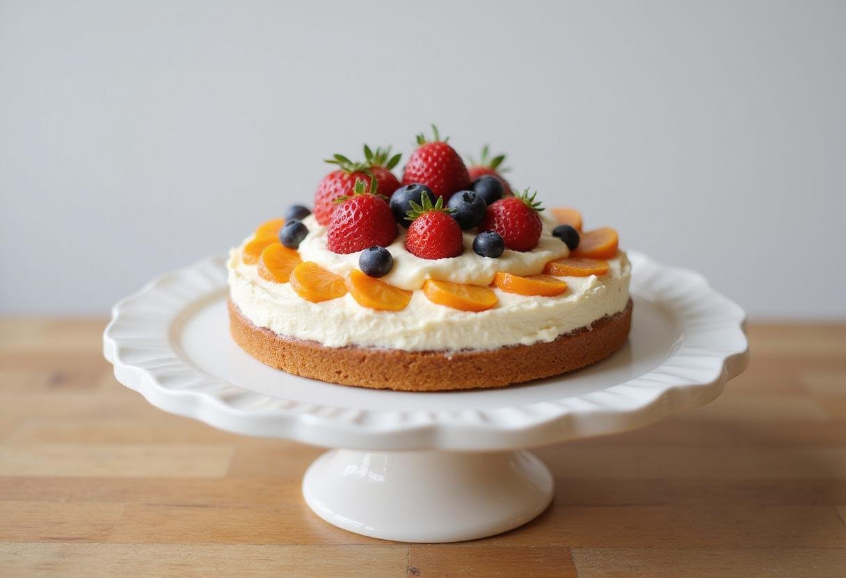 Beautifully presented traditional homemade German cake adorned with cream and fresh fruits, perfect for celebrations.