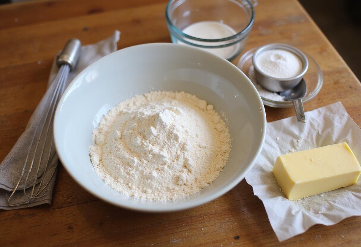 Preparing traditional German cake ingredients, including flour, sugar, and baking powder on a rustic wooden counter.