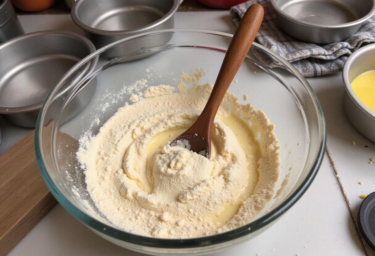 Combining ingredients for a traditional homemade German cake in a large glass bowl with a wooden spoon in a well-lit kitchen.
