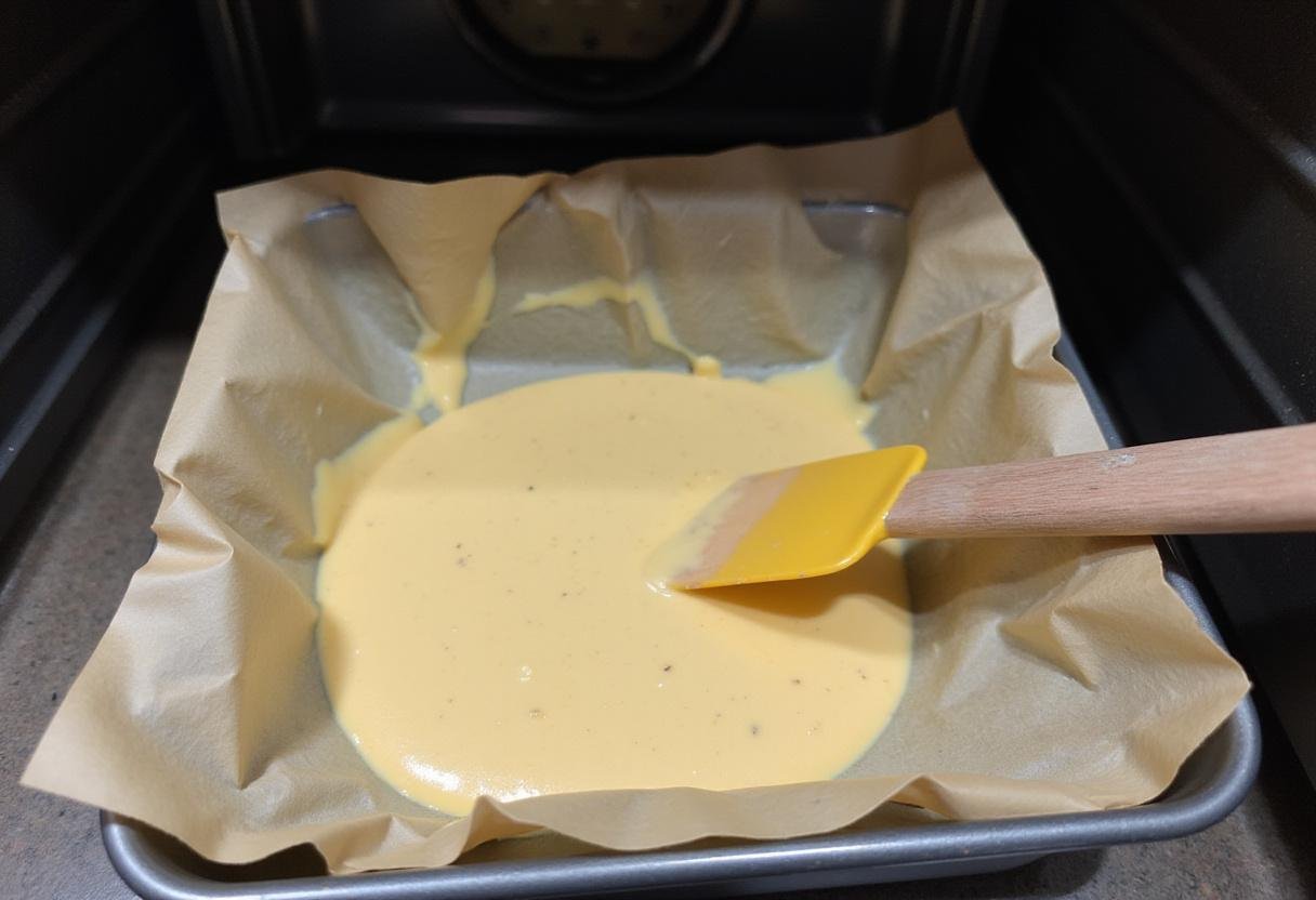 Pouring cake batter into a lined pan for a traditional German cake, with a preheating oven nearby, ready for baking.